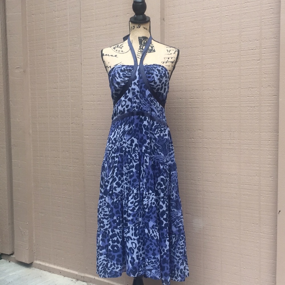 Sz L BCBGGirls Blue Animal Print Halter Dress NWT